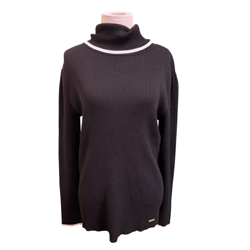 Calvin Klein Fold Over Turtleneck Sweater Ribbed Black & White Women's size M
